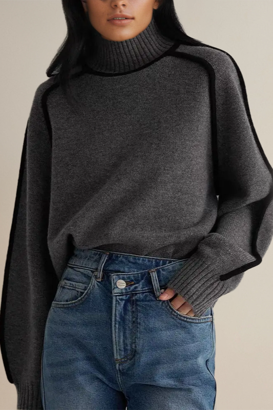 Women’s Turtleneck Top – Relaxed Fit – Soft Knit – Ribbed Trim – Contrast Piping