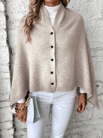 Women’s Poncho – Soft Knit – Relaxed Fit – Button Front – Ribbed Edges