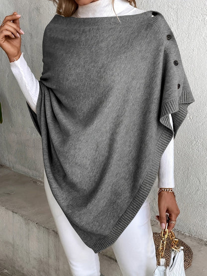 Women’s Poncho – Soft Knit – Relaxed Fit – Button Front – Ribbed Edges