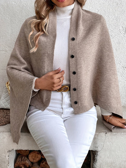 Women’s Poncho – Soft Knit – Relaxed Fit – Button Front – Ribbed Edges