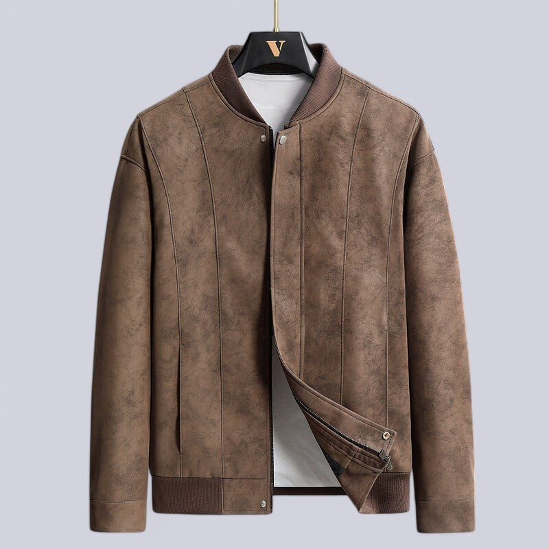 Men’s Leather Bomber Jacket – Structured Fit – Ribbed Trim – Zip Front with Placket
