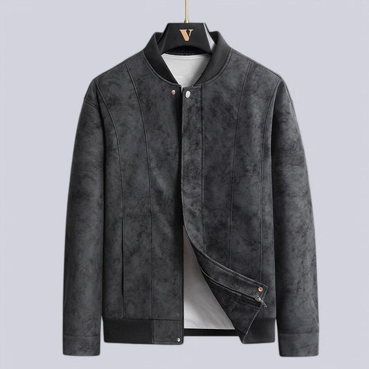 Men’s Leather Bomber Jacket – Structured Fit – Ribbed Trim – Zip Front with Placket