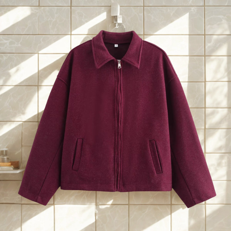 Women’s Short Jacket – Wool Blend – Relaxed Boxy Fit – Zipper Front – Lapel Collar