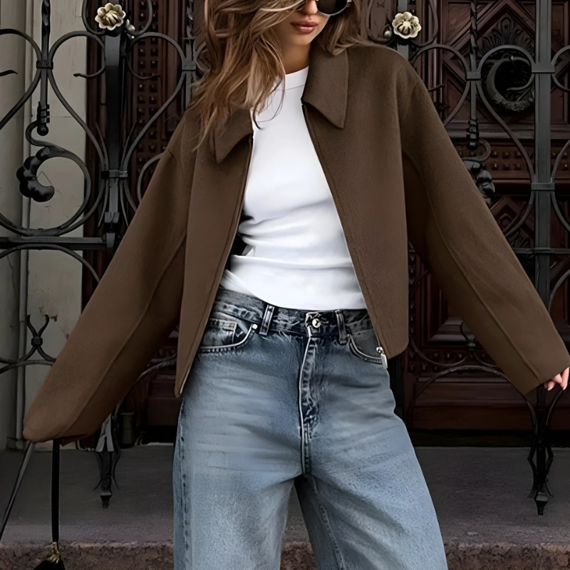 Women’s Short Jacket – Wool Blend – Relaxed Boxy Fit – Zipper Front – Lapel Collar