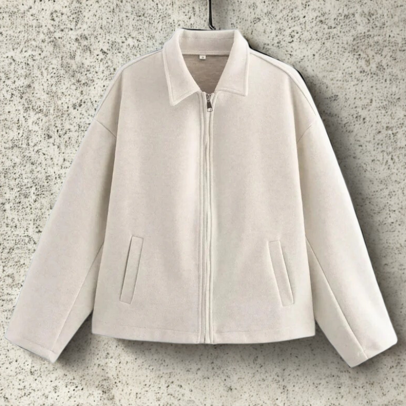 Women’s Short Jacket – Wool Blend – Relaxed Boxy Fit – Zipper Front – Lapel Collar