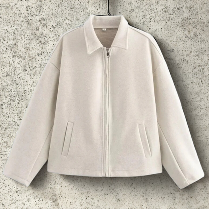 Women’s Short Jacket – Wool Blend – Relaxed Boxy Fit – Zipper Front – Lapel Collar