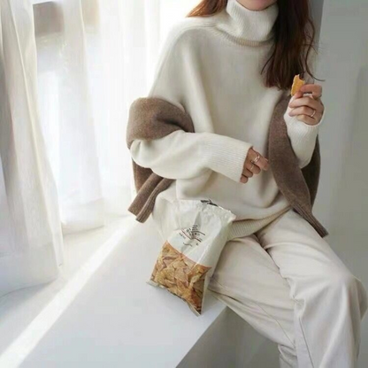 Women’s Turtleneck Sweatshirt – Oversized Knit – Drawstring Hem – Long Sleeve Casual Fit