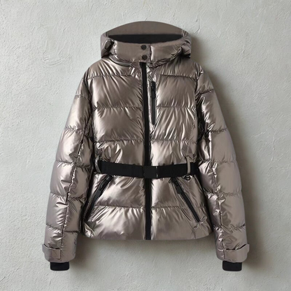 Women’s Puffer Jacket – Quilted Insulated – Hooded High Collar – Belted Waist Fit