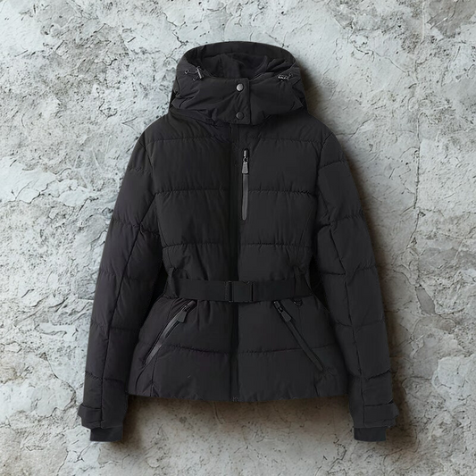 Women’s Puffer Jacket – Quilted Insulated – Hooded High Collar – Belted Waist Fit
