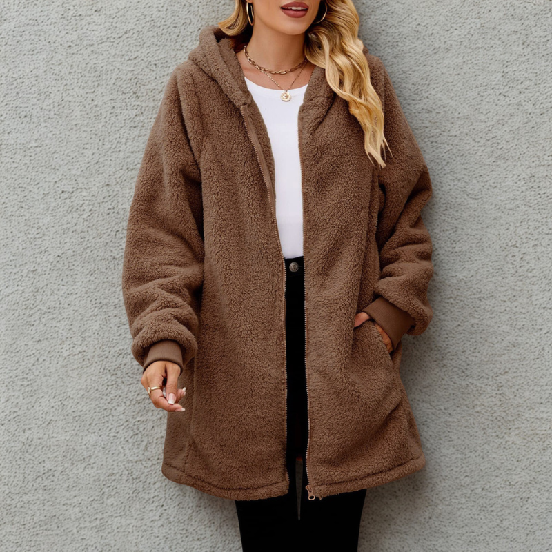 Women’s Hooded Jacket – Plush Fleece – Oversized Fit – Zipper Front – Ribbed Cuffs