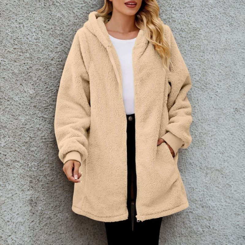 Women’s Hooded Jacket – Plush Fleece – Oversized Fit – Zipper Front – Ribbed Cuffs