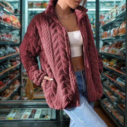 Women’s Zip-Up Coat – Oversized Fit – Textured Sherpa Fleece – Stand Collar – Inseam Pockets