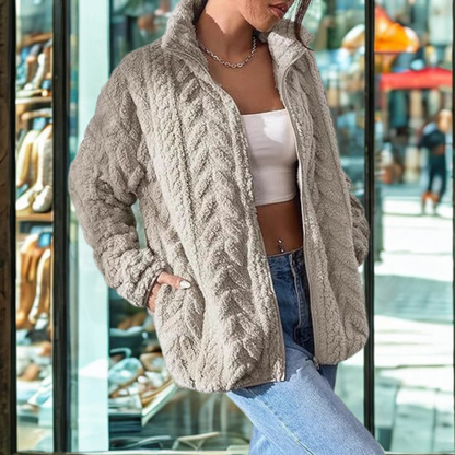 Women’s Zip-Up Coat – Oversized Fit – Textured Sherpa Fleece – Stand Collar – Inseam Pockets