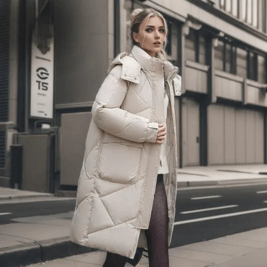Women’s Quilted Coat – Oversized Fit – Hooded High Collar – Mid-Length Padded Warmth