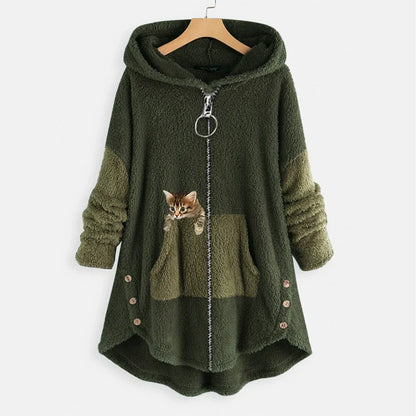 Women’s Hooded Jacket – Oversized Fit – Plush Texture – Kangaroo Pocket – Cat Graphic