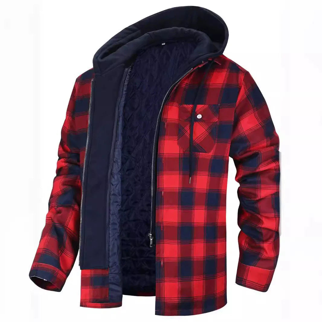 Men’s Jacket – Plaid Pattern – Quilted Sherpa Lining – Hooded – Regular Fit Casual