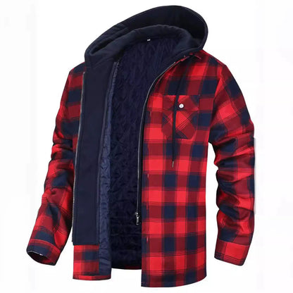 Men’s Jacket – Plaid Pattern – Quilted Sherpa Lining – Hooded – Regular Fit Casual
