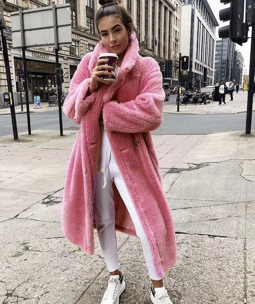 Women’s Long Coat – Oversized Relaxed Fit – Plush Soft Texture – Notched Lapel