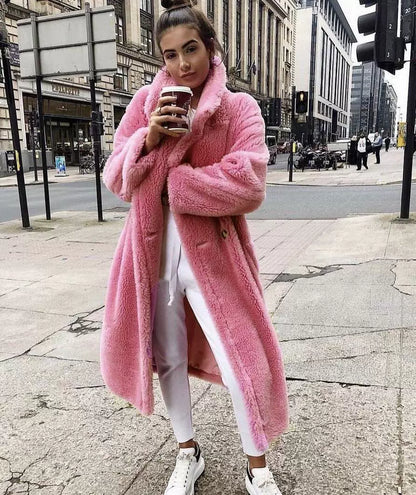 Women’s Long Coat – Oversized Relaxed Fit – Plush Soft Texture – Notched Lapel