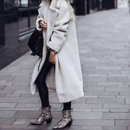 Women’s Long Coat – Oversized Relaxed Fit – Plush Soft Texture – Notched Lapel