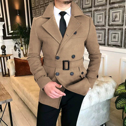 Men’s Double-Breasted Jacket – Tailored Fit – Wool Blend – Belted Waist – Notched Lapels
