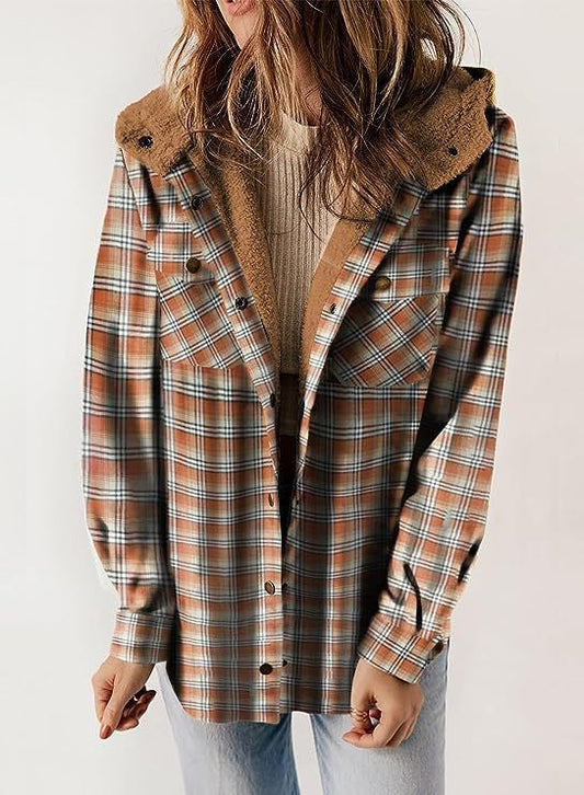 Women’s Jacket – Wool Blend – Relaxed Fit – Plaid Pattern – Hooded Button-Up