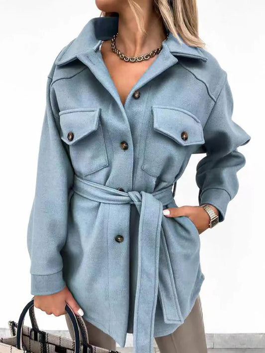 Women’s Mid-Length Jacket – Relaxed Fit – Wool Blend – Belted Waist – Patch Pockets