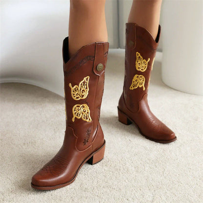 Women’s Western Boots – Mid-Calf Height – Embroidered Floral Detail – Pull-On Style – Block Heel