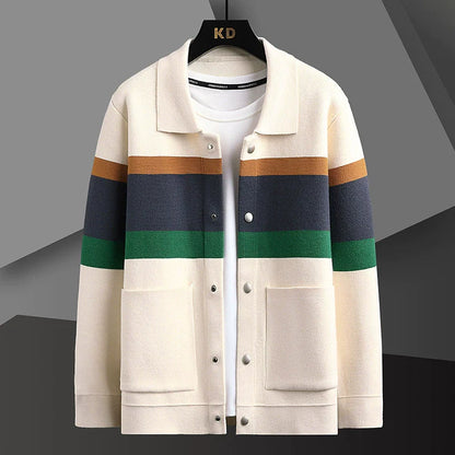 Men’s Knitted Jacket – Slim Fit – Geometric Pattern – Shirt Collar – Button Front