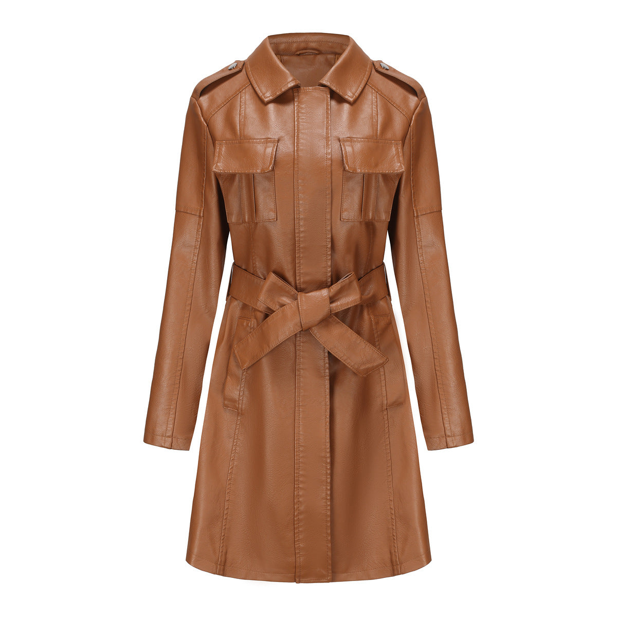 Women’s Mid-Length Jacket – Structured Fit – Faux Leather Look – Button Epaulets – Flap Pockets