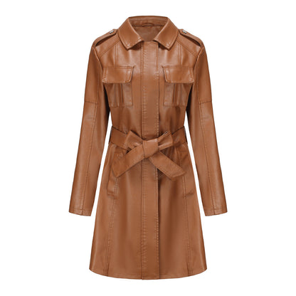 Women’s Mid-Length Jacket – Structured Fit – Faux Leather Look – Button Epaulets – Flap Pockets