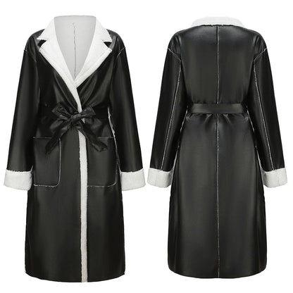 Women’s Long Coat – Oversized Fit – Faux Leather Wrap Style – Plush Trim & Tie Belt