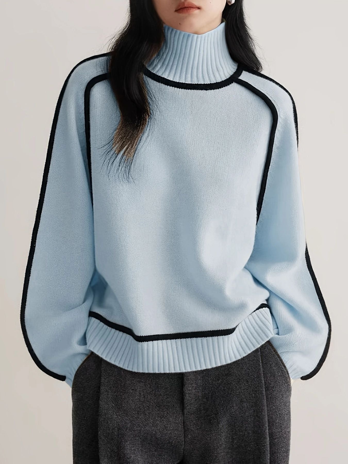 Women’s Turtleneck Top – Relaxed Fit – Soft Knit – Ribbed Trim – Contrast Piping