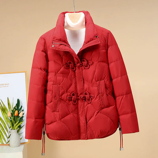 Women’s Puffer Jacket – Oversized Fit – Quilted Pattern – Frog Buttons – Adjustable Hem