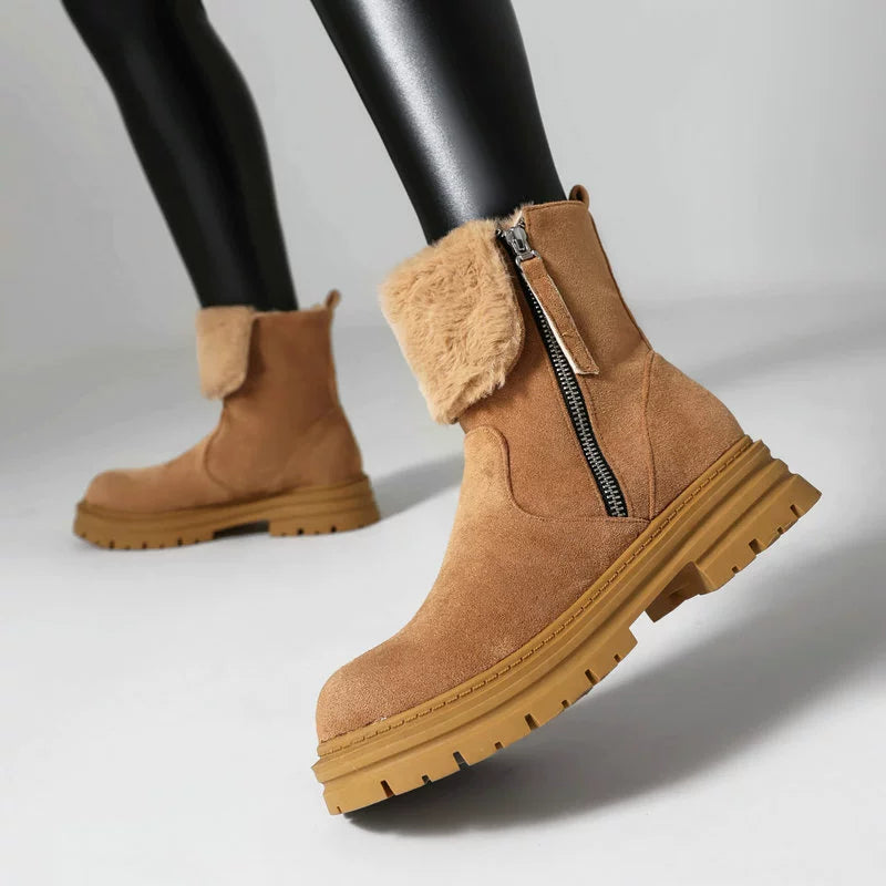 Women’s Ankle Boots – Faux Fur Lined – Lug Sole – Round Toe – Zipper Closure