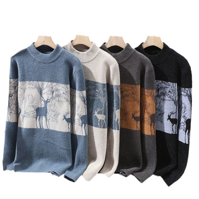 Men’s Pullover Sweater – Loose Fit – Wool Knit – Mock Neck – Deer Pattern – Ribbed Trim