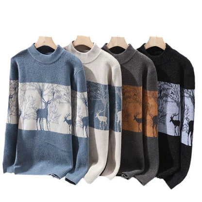 Men’s Pullover Sweater – Loose Fit – Wool Knit – Mock Neck – Deer Pattern – Ribbed Trim