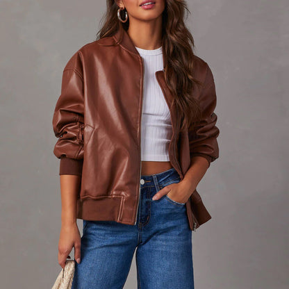 Women’s Leather Jacket – Oversized Fit – Ribbed Trim – Zip Front – Casual Layering