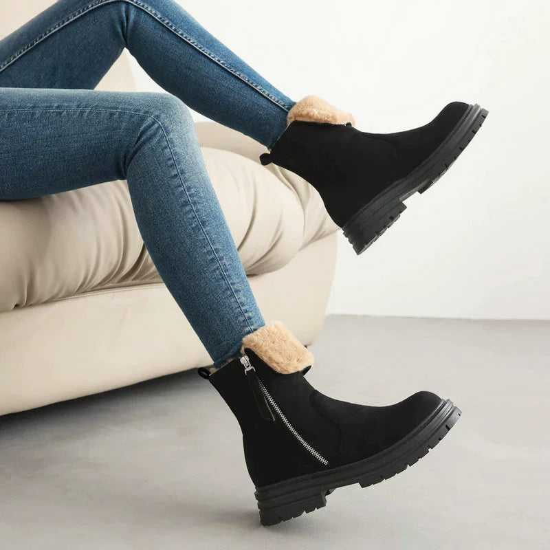 Women’s Ankle Boots – Faux Fur Lined – Lug Sole – Round Toe – Zipper Closure