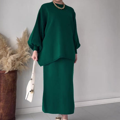 Women’s Knit Sweater and Skirt Set – Relaxed Fit – Wool Blend – Midi Length Skirt