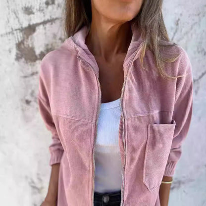 Women’s Hooded Jacket – Relaxed Fit – Corduroy Fabric – Zip Front – Elastic Cuffs