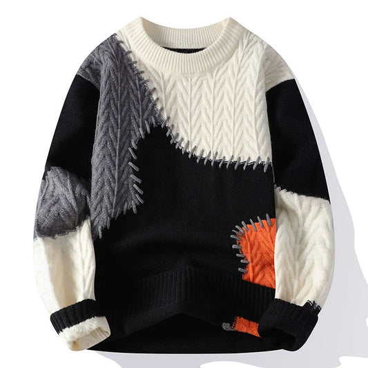 Men’s Sweater – Loose Fit – Knitted Patchwork – Ribbed Crew Neck – Casual Wear