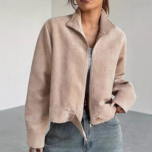 Women’s Corduroy Jacket – Relaxed Fit – Dropped Shoulder – Cropped Zip-Up – Wide Collar