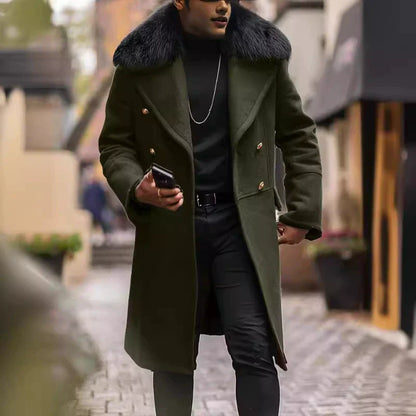 Men’s Overcoat – Wool Blend – Oversized Fit – Double-Breasted – Plush Fur Collar