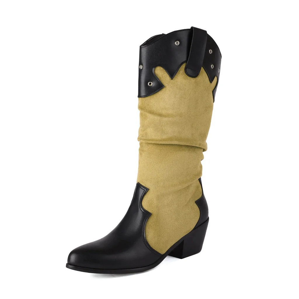 Women’s Mid-Calf Boots – Slouchy Fit – Western Style – Stud Accents – Block Heel