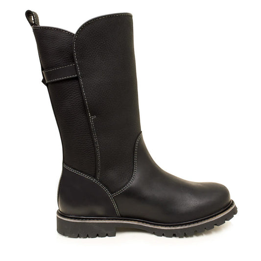 Women’s Mid-Calf Boots – Mixed Leather Texture – Contrast Stitching – Lug Sole Heel