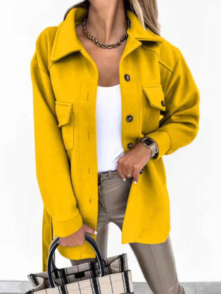 Women’s Mid-Length Jacket – Relaxed Fit – Wool Blend – Belted Waist – Patch Pockets