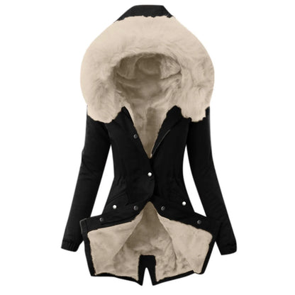 Women’s Jacket – Slim Fit – Plush-Lined Hood – Adjustable Waist – Mid-Length – Flap Pockets