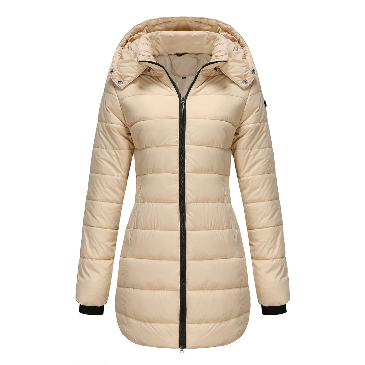 Women’s Puffer Jacket – Quilted Insulation – Detachable Hood – Mid-Length Fit