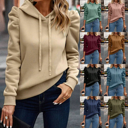 Women’s Hooded Top – Relaxed Fit – Puff Sleeves – Soft Knit – Ribbed Hem and Cuffs